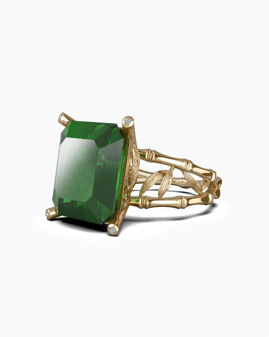 Bamboo Solitaire Ring In Sterling Silver With Green Obsidian