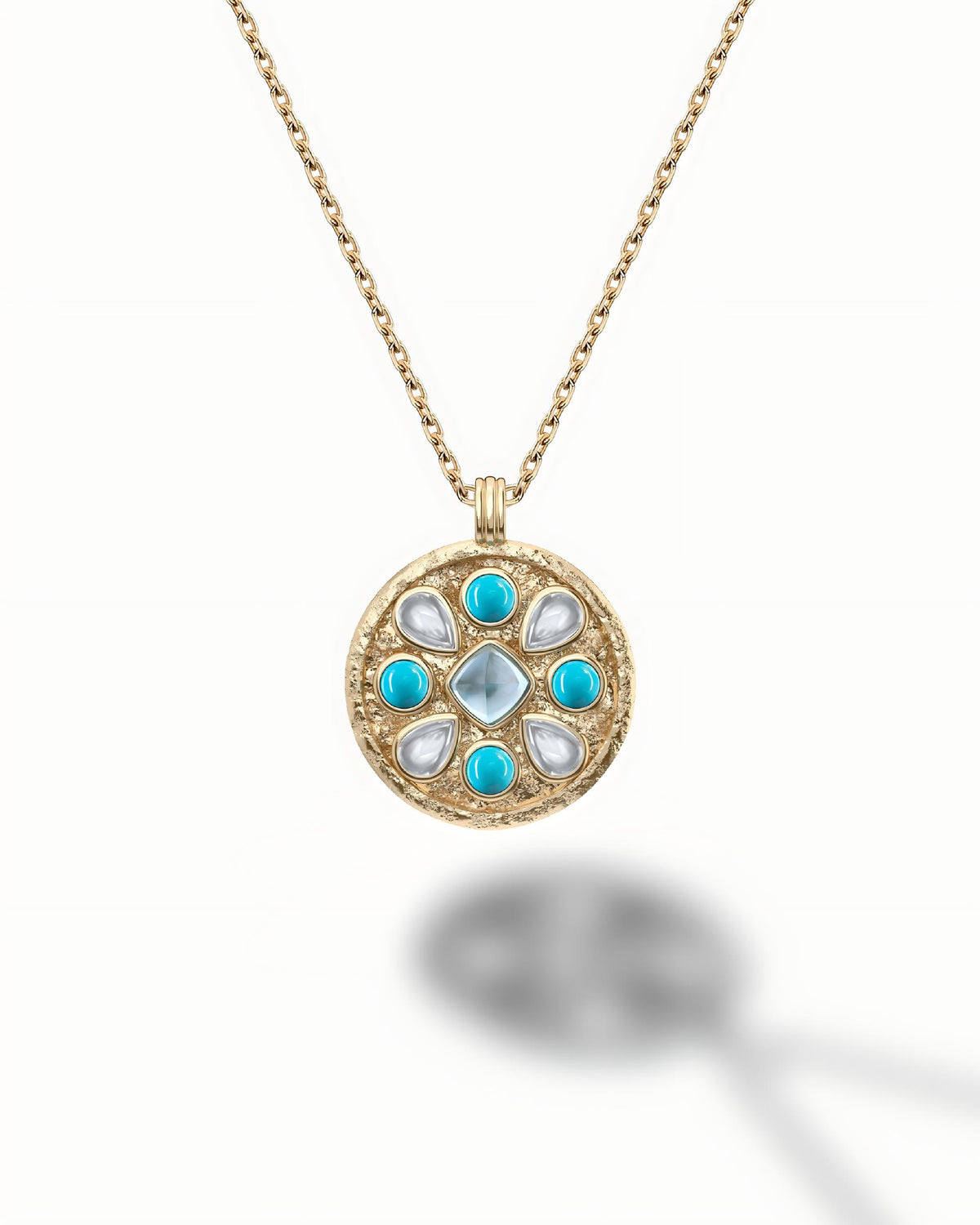 Medallion Necklace Pendant In Sterling Silver With Topaz And Turquoise