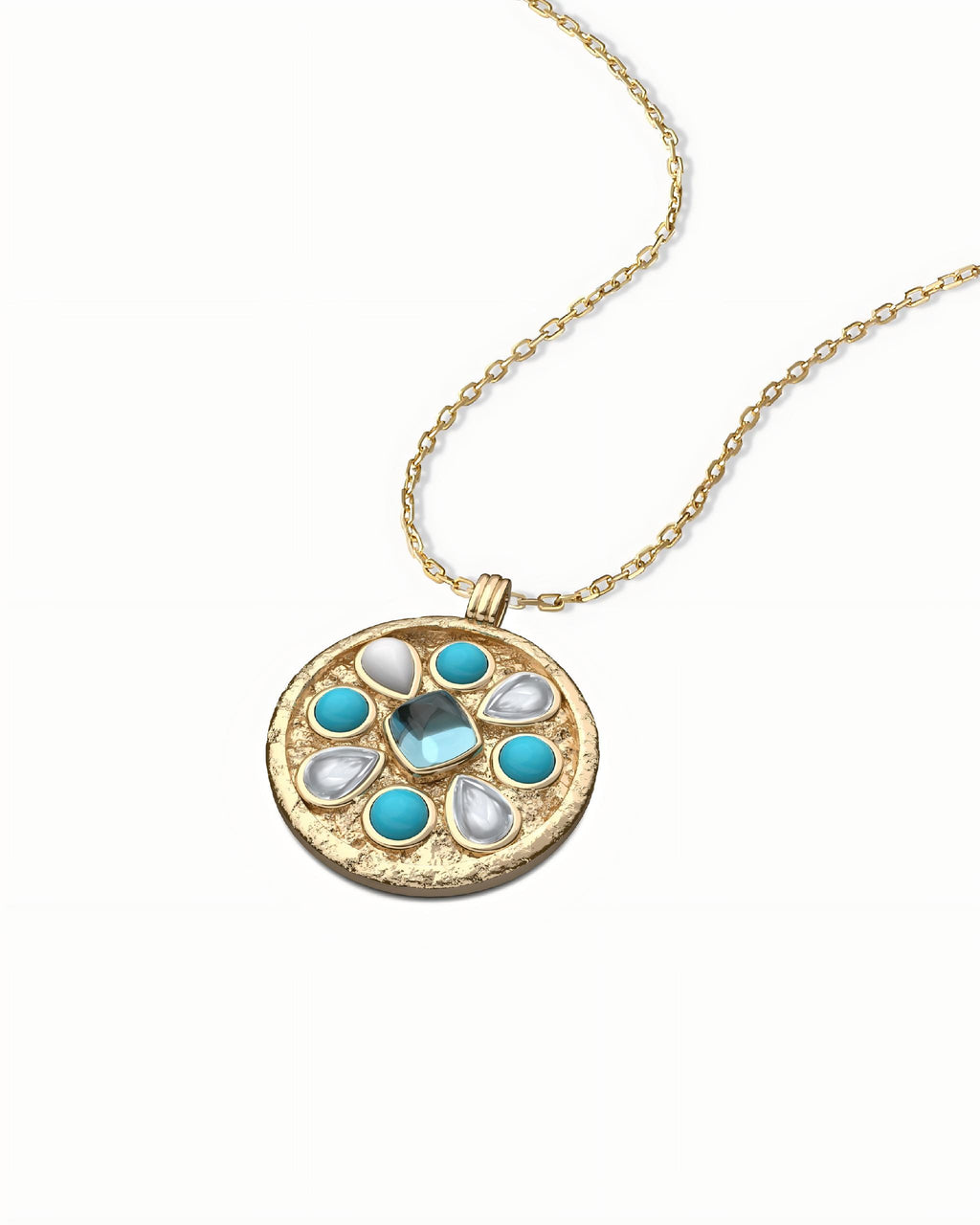 Medallion Necklace Pendant In Sterling Silver With Topaz And Turquoise