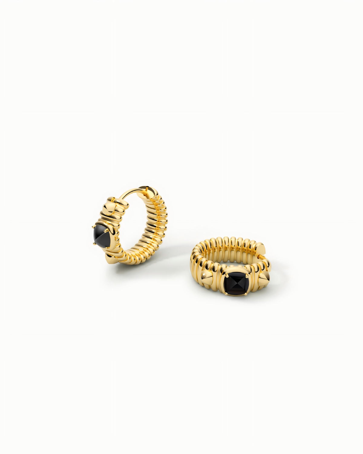 Ribbed Huggie Hoop Earrings In Sterling Silver With Black Agate