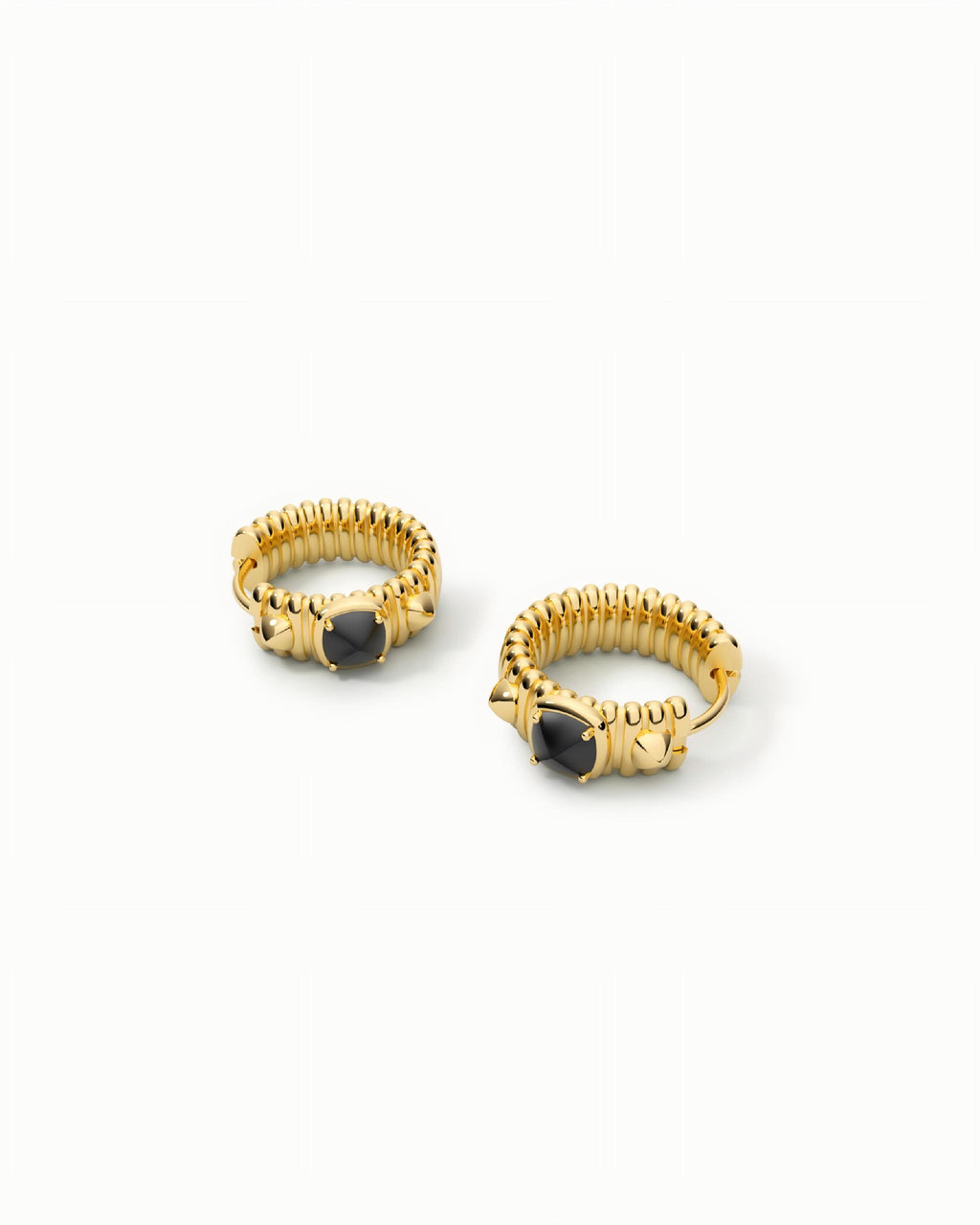 Ribbed Huggie Hoop Earrings In Sterling Silver With Black Agate
