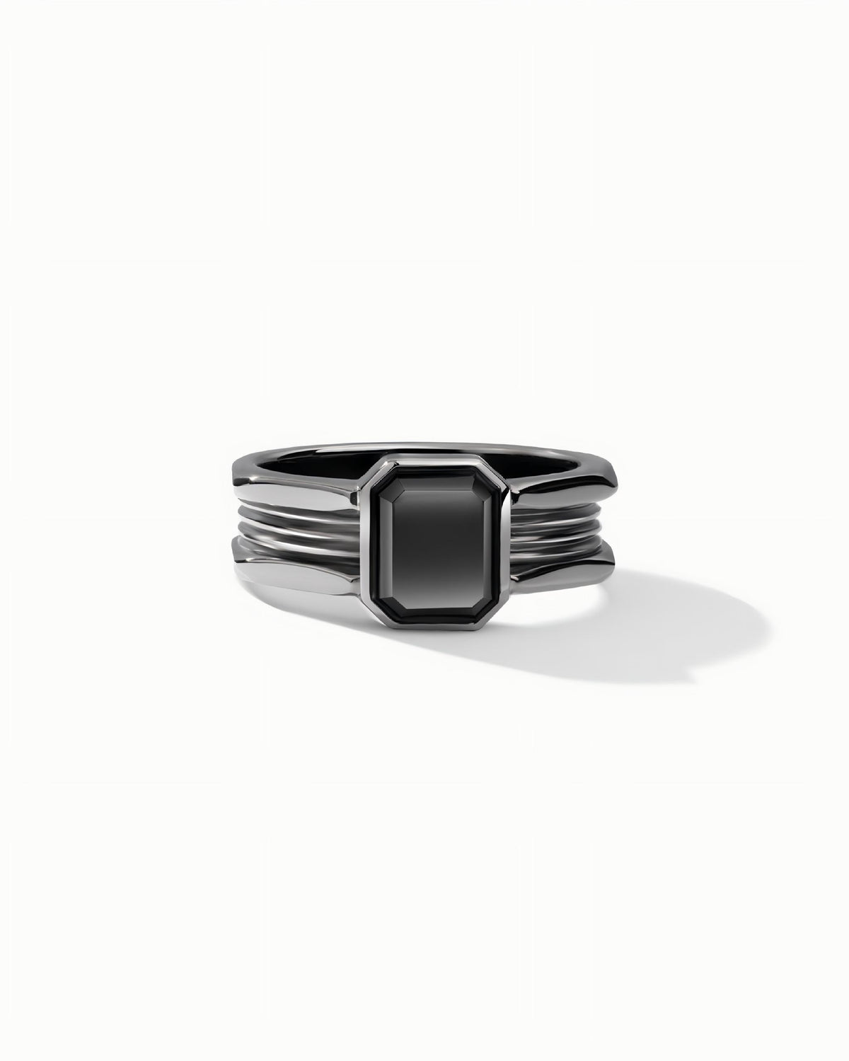 Ribbed Signet Ring In Sterling Silver With Black Agate