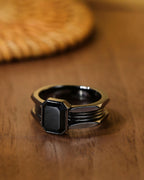 Ribbed Signet Ring In Sterling Silver With Black Agate
