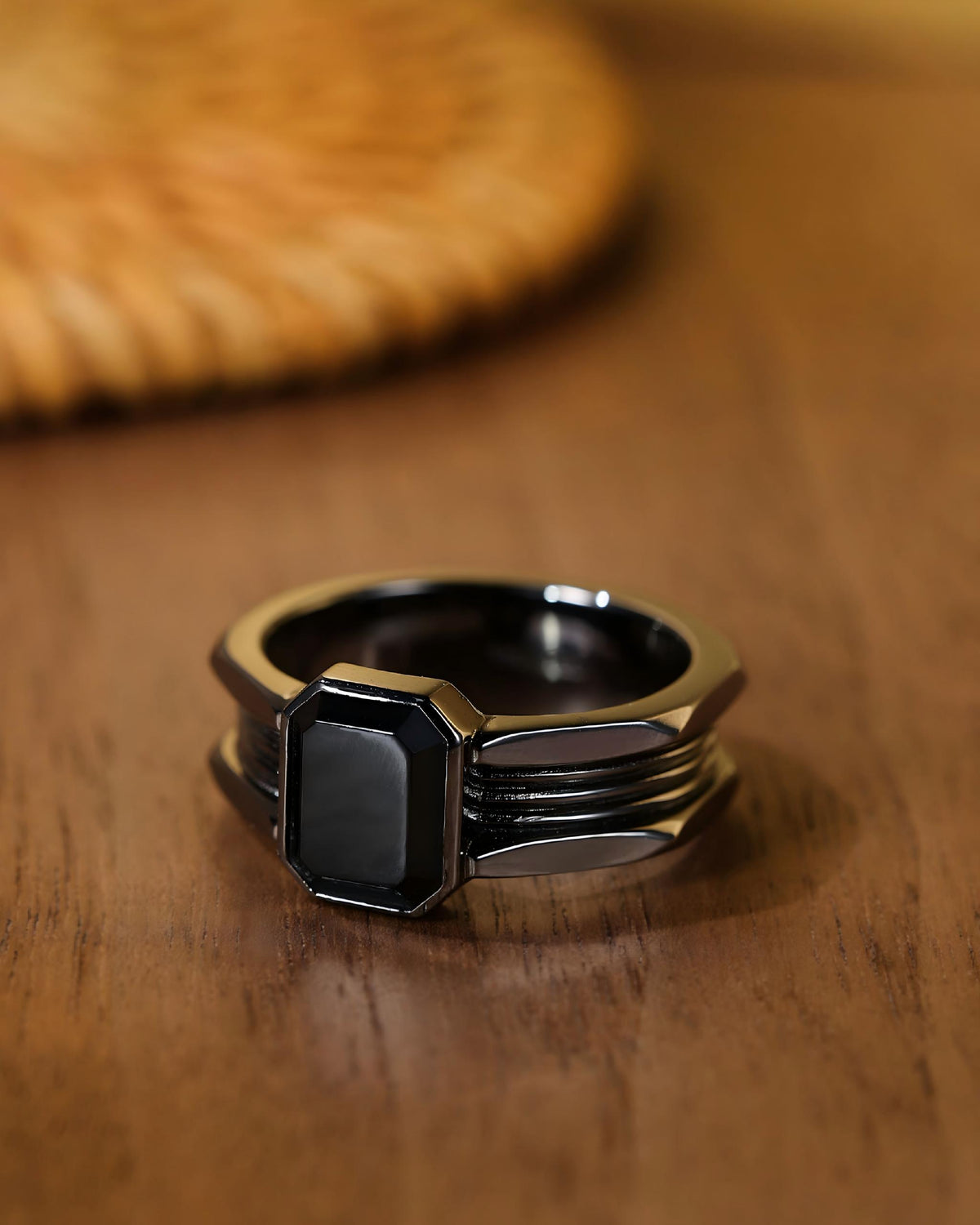 Ribbed Signet Ring In Sterling Silver With Black Agate