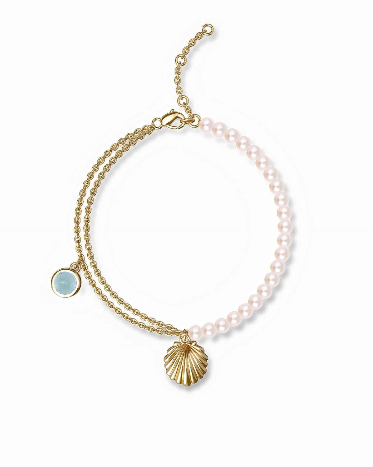 Seashell Charm Bracelet In Sterling Silver With Pearl And Topaz