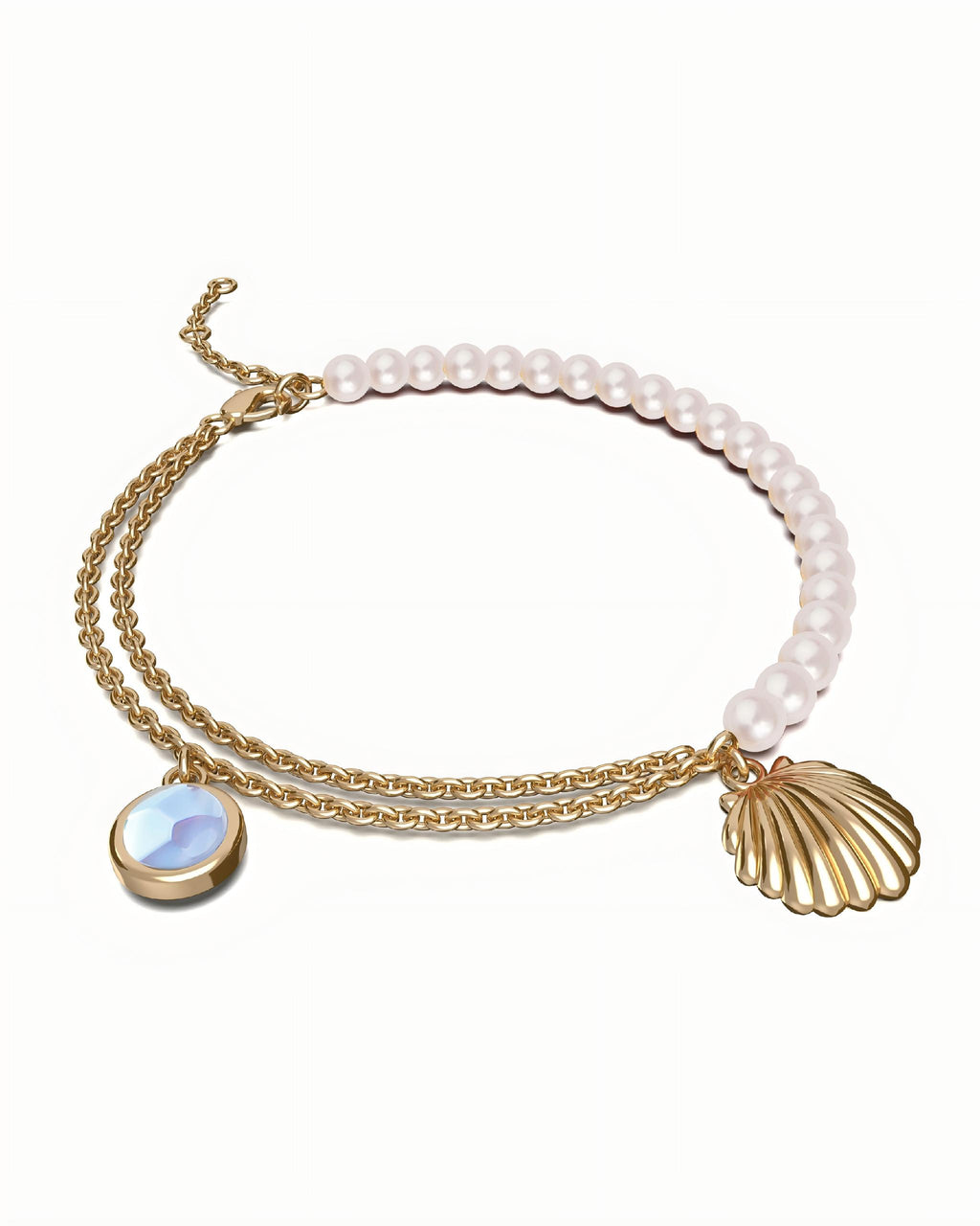 Seashell Charm Bracelet In Sterling Silver With Pearl And Topaz