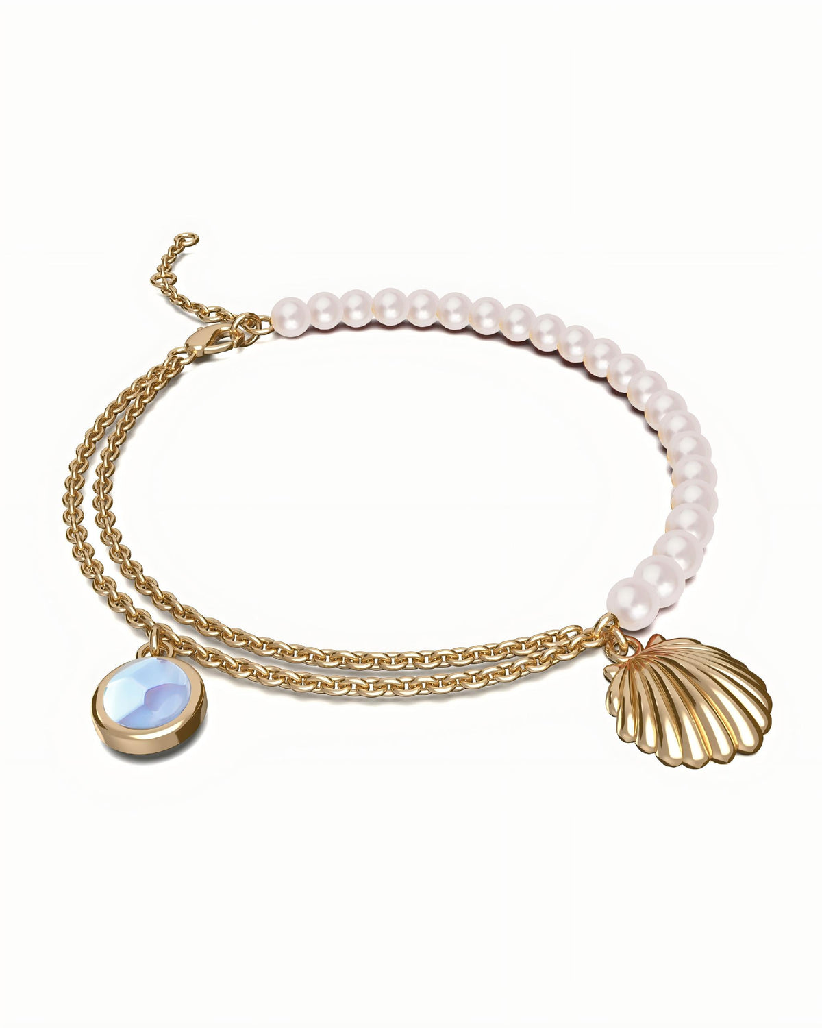 Seashell Charm Bracelet In Sterling Silver With Pearl And Topaz